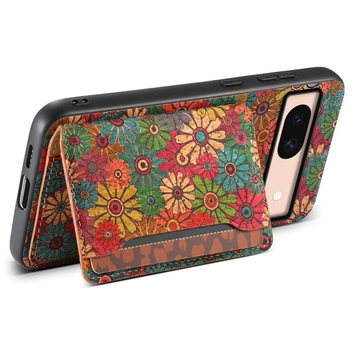 For Google Pixel 8a Case Leather Card Holder Phone Cover Floral Flower Pattern - Spring / Green - 3