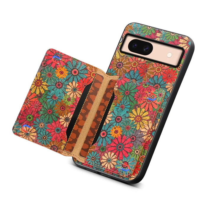 For Google Pixel 8a Case Leather Card Holder Phone Cover Floral Flower Pattern - Spring / Green - 4