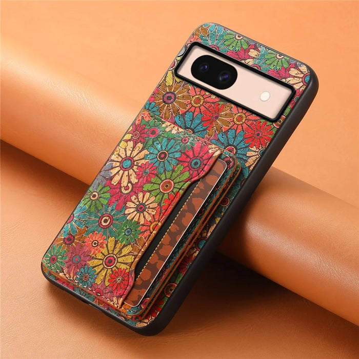 For Google Pixel 8a Case Leather Card Holder Phone Cover Floral Flower Pattern - Spring / Green - 6