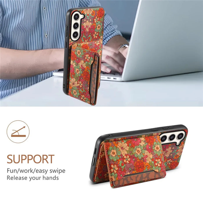 For Samsung Galaxy S23+ Case Floral Pattern Card Slot Kickstand Hybrid Phone Shell - Summer / Red - 5