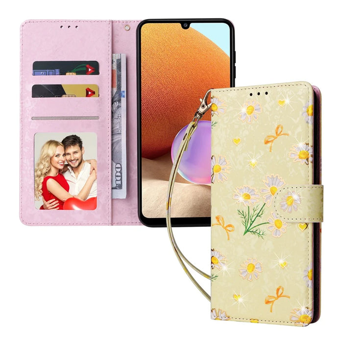 For Samsung Galaxy A32 4G (EU Version) Case Floral Design RFID Blocking Leather Phone Cover - Yellow Daisy - 5