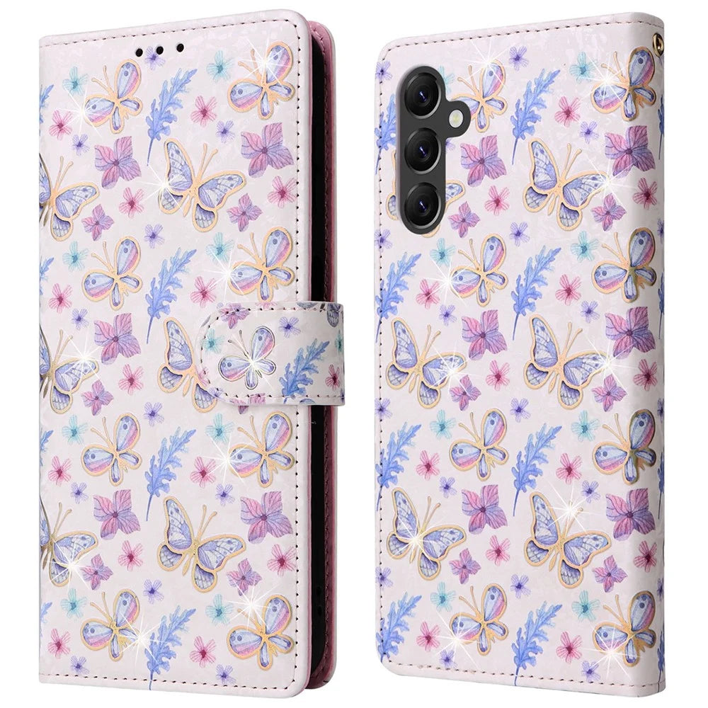 For Samsung Galaxy A14 5G Case RFID Blocking Leather Wallet Pouch Phone Cover - Butterfly Flower - 1