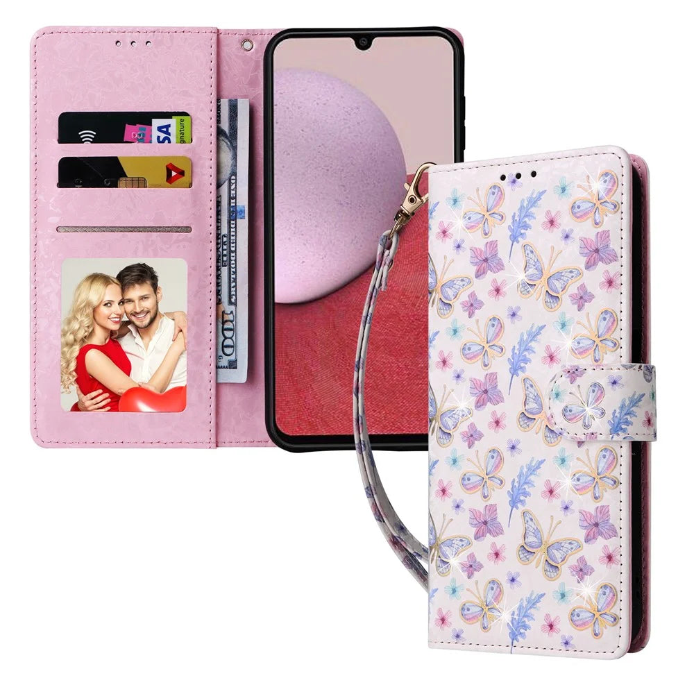 For Samsung Galaxy A14 5G Case RFID Blocking Leather Wallet Pouch Phone Cover - Butterfly Flower - 5