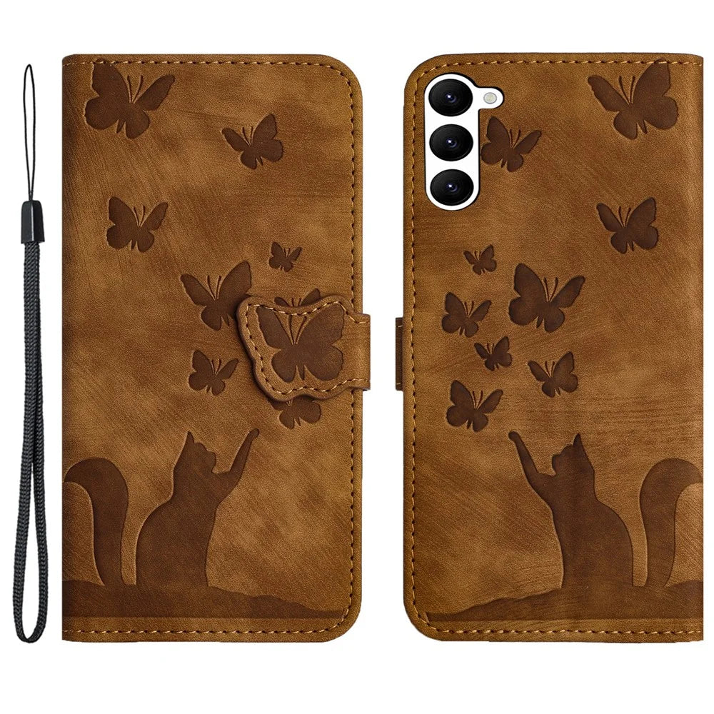 For Samsung Galaxy S23 Case Butterfly Cat Imprinting Leather Folio Phone Cover - Brown - 1