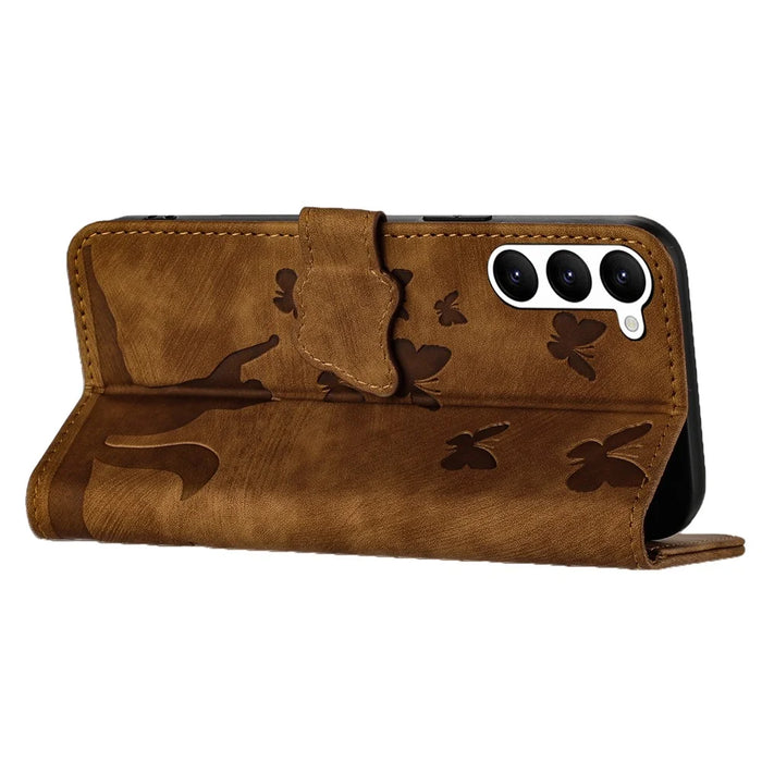 For Samsung Galaxy S23 Case Butterfly Cat Imprinting Leather Folio Phone Cover - Brown - 4