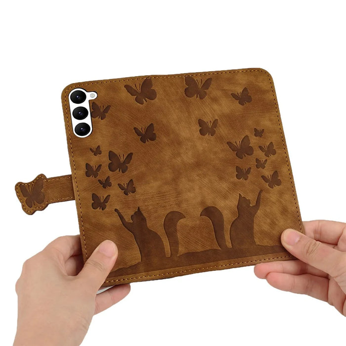 For Samsung Galaxy S23 Case Butterfly Cat Imprinting Leather Folio Phone Cover - Brown - 5
