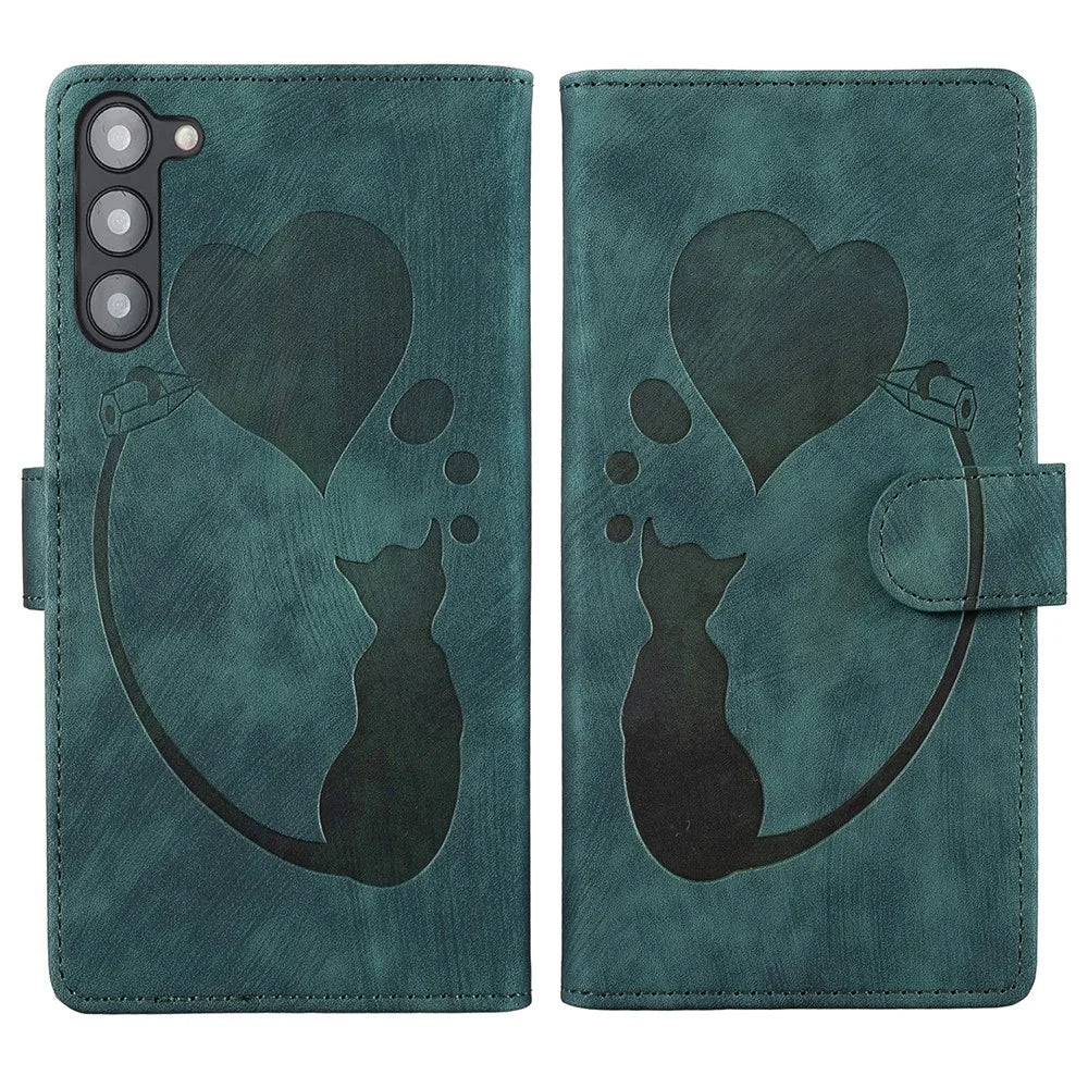 For Samsung Galaxy S23 Phone Case Cute Cat Imprint PU Leather Wallet Flip Cover - Green - 1
