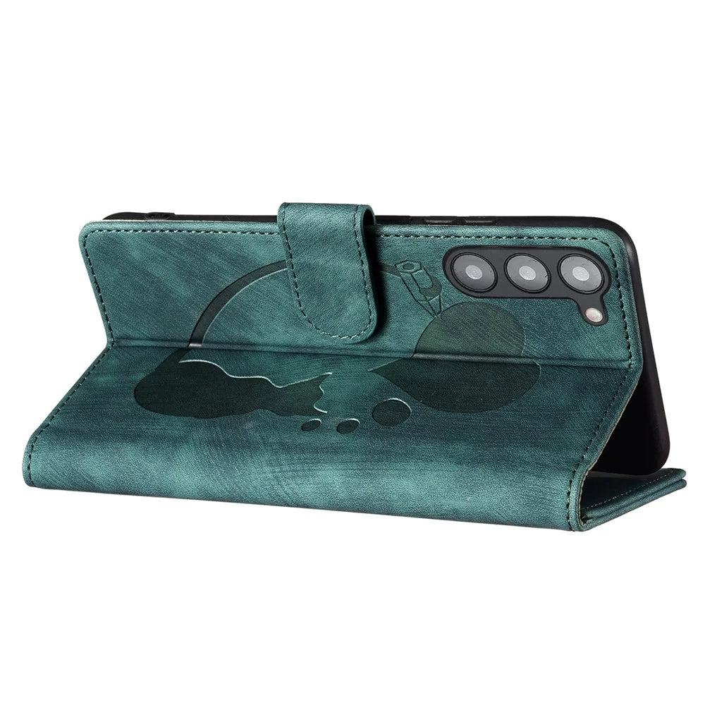 For Samsung Galaxy S23 Phone Case Cute Cat Imprint PU Leather Wallet Flip Cover - Green - 4