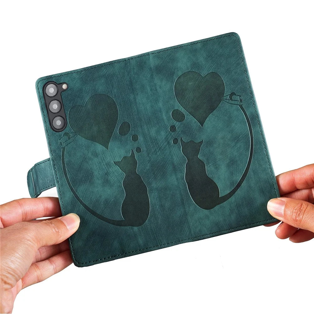 For Samsung Galaxy S23 Phone Case Cute Cat Imprint PU Leather Wallet Flip Cover - Green - 5