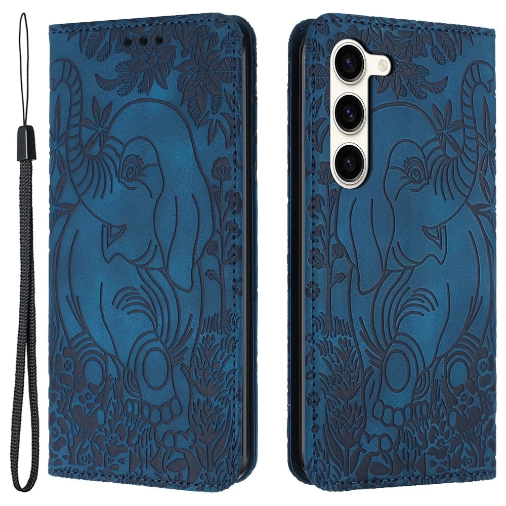 For Samsung Galaxy S23 Case Leather Magnetic Wallet Phone Cover Elephant Pattern - Blue - 1