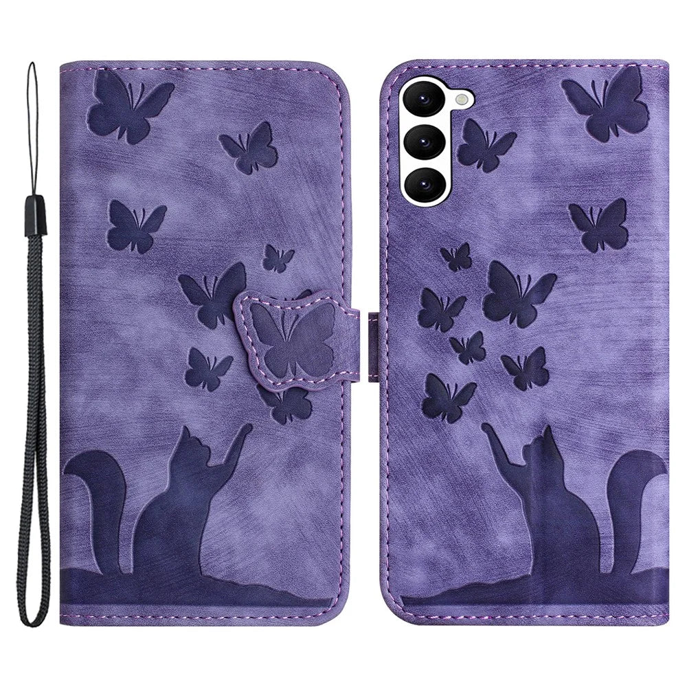 For Samsung Galaxy S23+ Wallet Case Butterfly Cat Leather Phone Cover with Card Slots Stand - Purple - 1