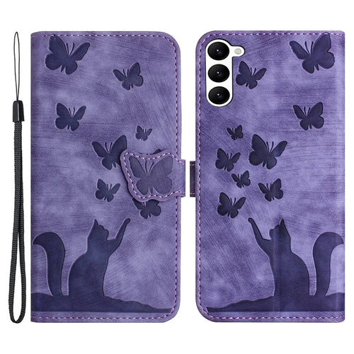 For Samsung Galaxy S23+ Wallet Case Butterfly Cat Leather Phone Cover with Card Slots Stand - Purple - 1