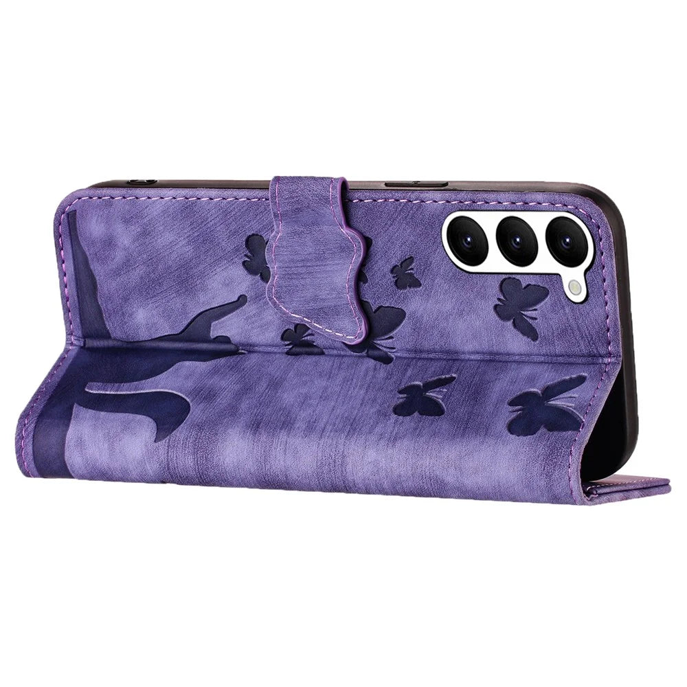For Samsung Galaxy S23+ Wallet Case Butterfly Cat Leather Phone Cover with Card Slots Stand - Purple - 3