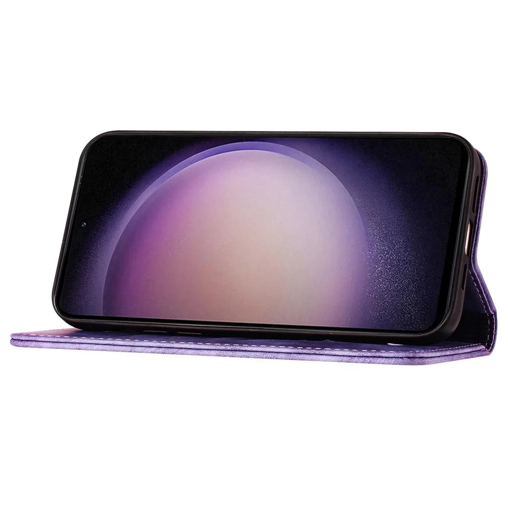 For Samsung Galaxy S23+ Wallet Case Butterfly Cat Leather Phone Cover with Card Slots Stand - Purple - 4
