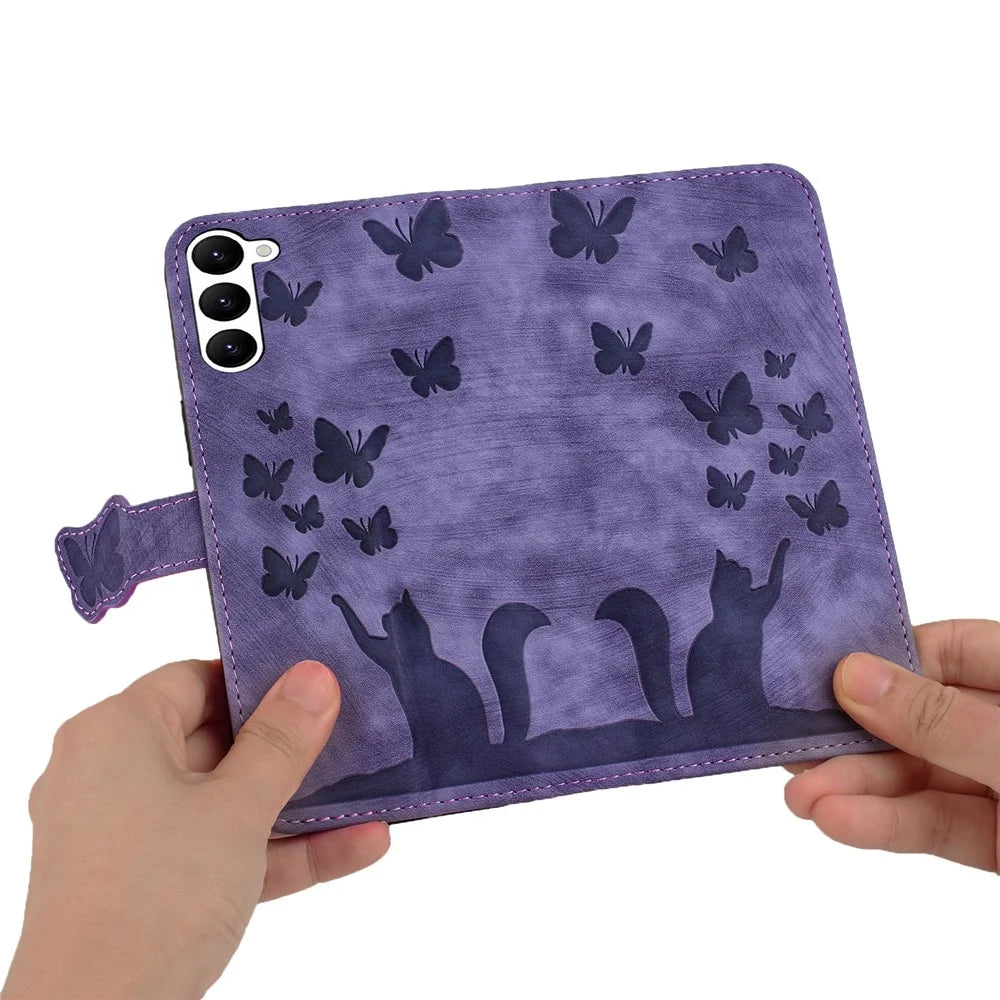 For Samsung Galaxy S23+ Wallet Case Butterfly Cat Leather Phone Cover with Card Slots Stand - Purple - 5