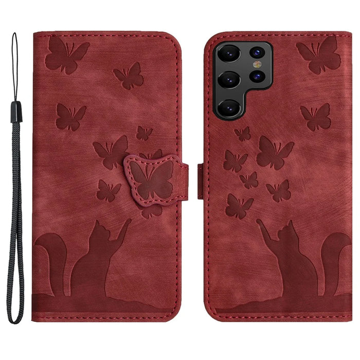 For Samsung Galaxy S24 Ultra Case Butterfly Cat Pattern Leather Book Style Flip Cover - Red - 1