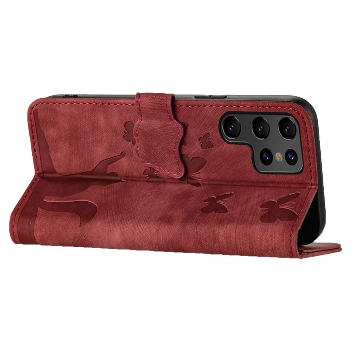For Samsung Galaxy S24 Ultra Case Butterfly Cat Pattern Leather Book Style Flip Cover - Red - 4