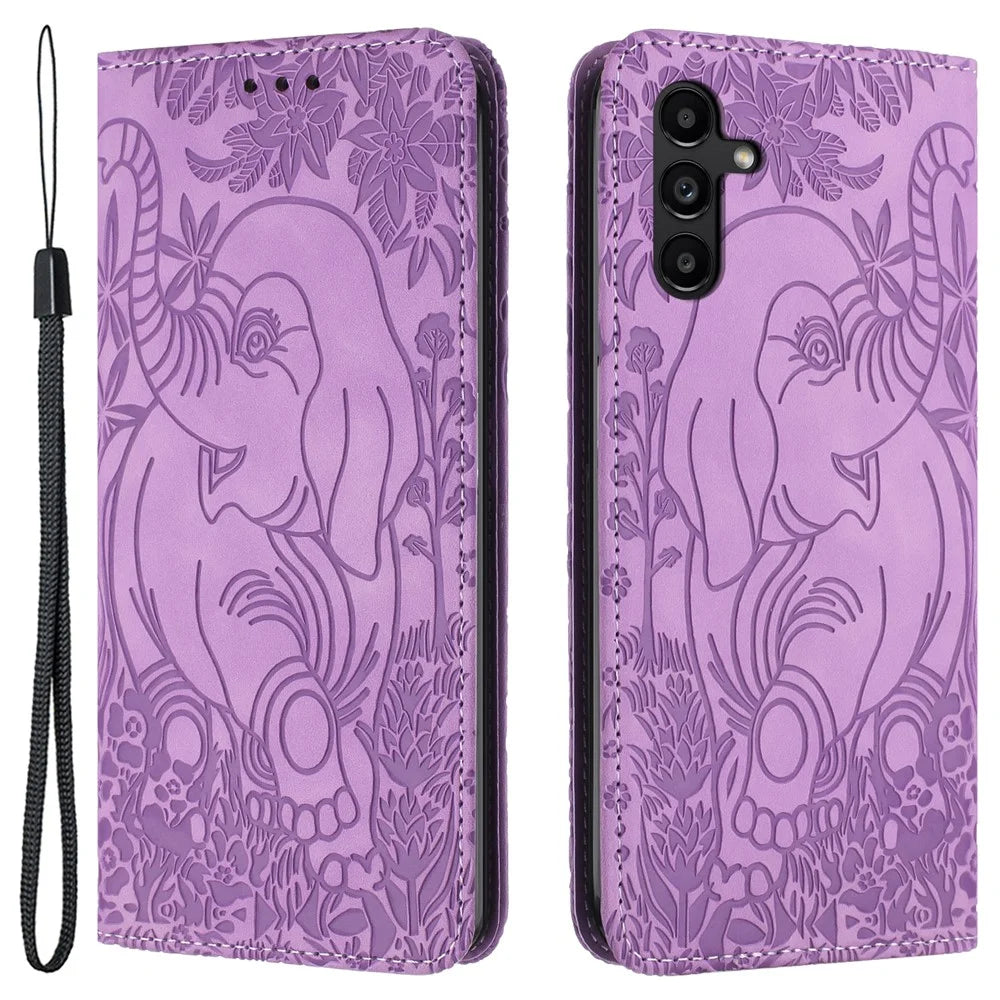 For Samsung Galaxy S25 / S24 Case Wallet PU Leather Phone Cover Elephant Pattern - Purple - 1