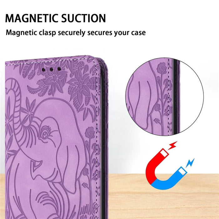 For Samsung Galaxy S25 / S24 Case Wallet PU Leather Phone Cover Elephant Pattern - Purple - 5