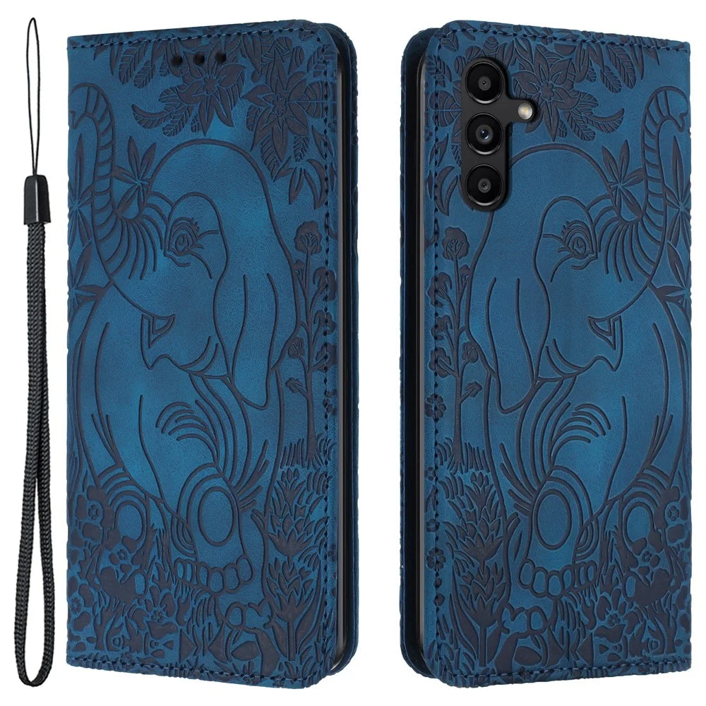 For Samsung Galaxy A54 5G Case Elephant Pattern Phone Leather Cover with Strap - Blue - 1