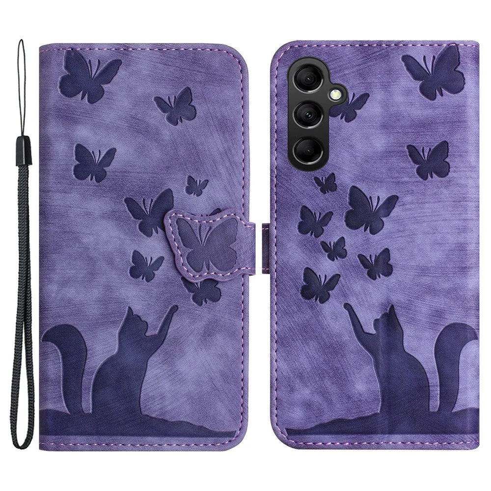 For Samsung Galaxy A34 5G Leather Case Butterfly Cat Pattern Phone Wallet Cover - Purple - 1