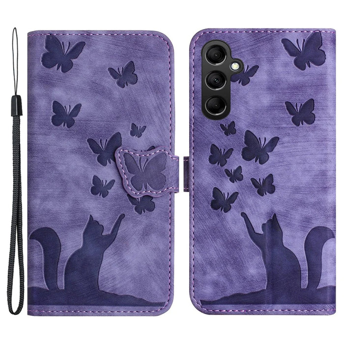 For Samsung Galaxy A34 5G Leather Case Butterfly Cat Pattern Phone Wallet Cover - Purple - 1