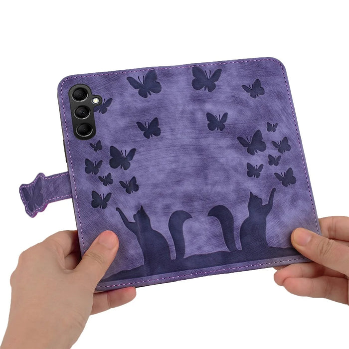 For Samsung Galaxy A34 5G Leather Case Butterfly Cat Pattern Phone Wallet Cover - Purple - 5