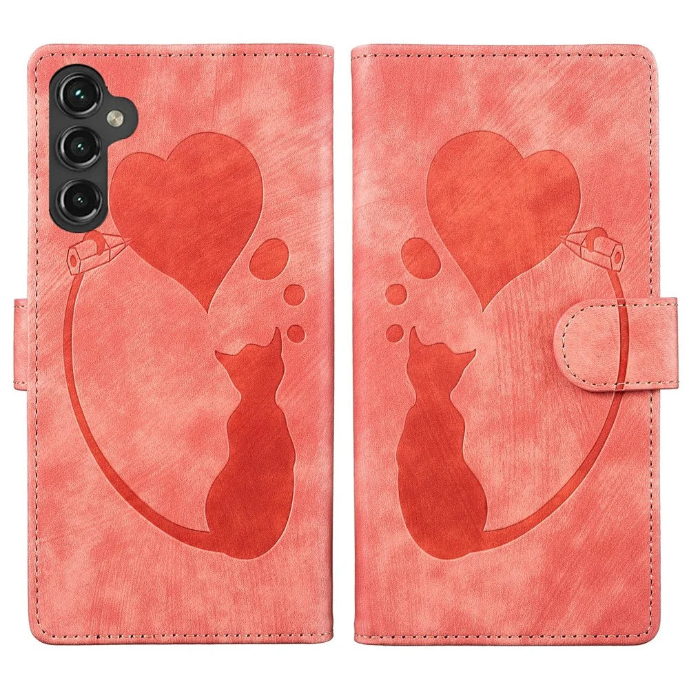 For Samsung Galaxy A14 5G / 4G Case Cat Heart Pattern PU Leather Flip Phone Cover - Pink - 1