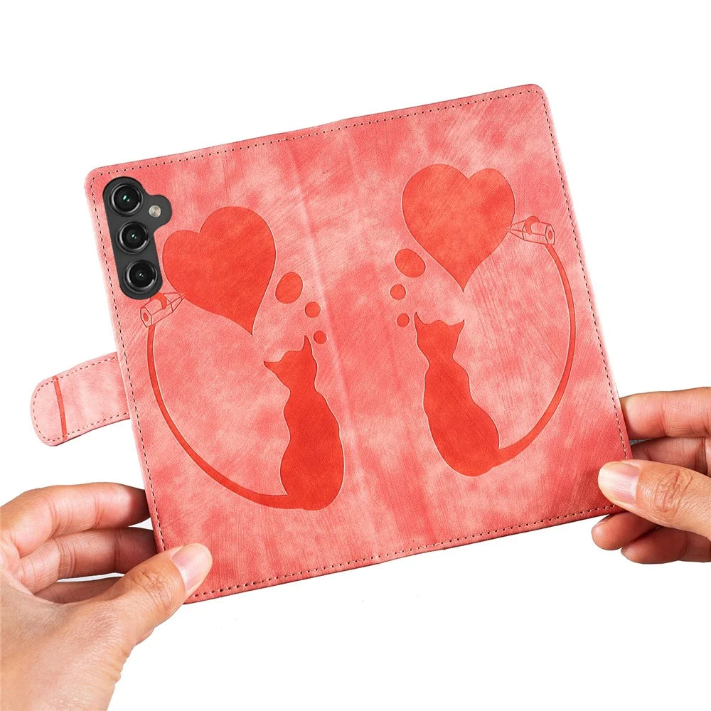 For Samsung Galaxy A35 5G Phone Case Cute Cat Imprint Anti-Scratch PU Leather Wallet Flip Cover - Pink - 5