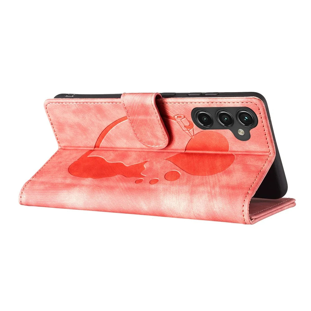 For Samsung Galaxy A55 5G Case Heart Cat Folding Stand PU Leather Phone Cover - Pink - 3