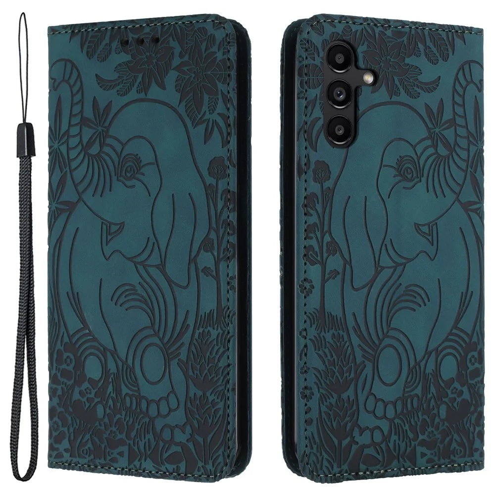 For Samsung Galaxy A55 5G Case Leather Wallet Phone Cover with Wrist Strap - Green - 1