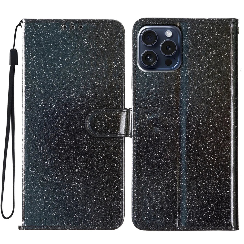 For iPhone 16 Pro Max Case Stand Wallet Glitter Leather Phone Cover - Black - 1