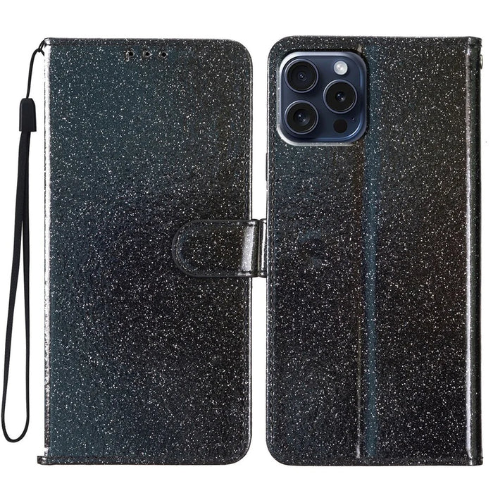 For iPhone 16 Pro Max Case Stand Wallet Glitter Leather Phone Cover - Black - 1