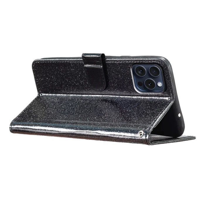 For iPhone 16 Pro Max Case Stand Wallet Glitter Leather Phone Cover - Black - 3