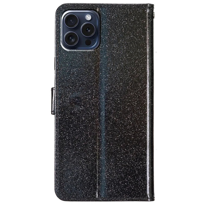 For iPhone 16 Pro Max Case Stand Wallet Glitter Leather Phone Cover - Black - 6