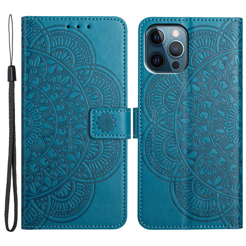 For iPhone 16 Pro Case PU Leather Stand Wallet Phone Cover Mandala Imprinted - Blue - 1
