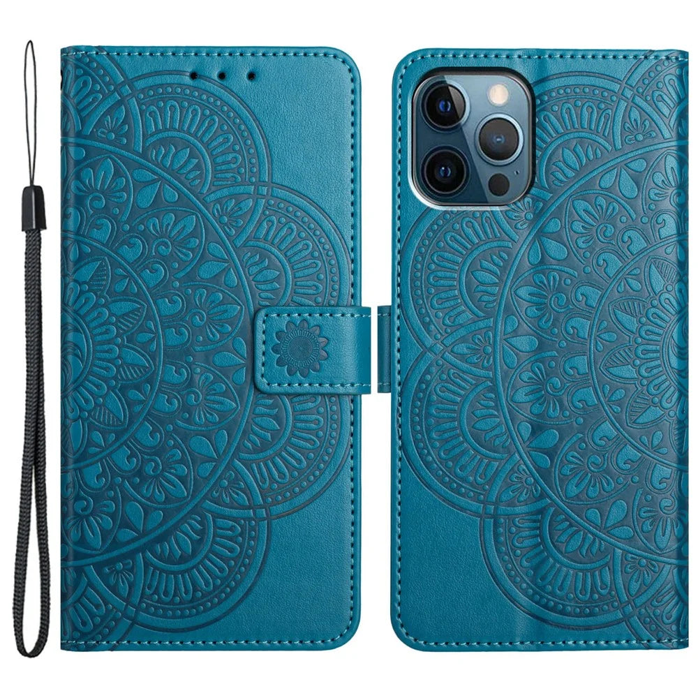 For iPhone 16 Pro Case PU Leather Stand Wallet Phone Cover Mandala Imprinted - Blue - 1