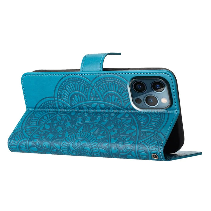 For iPhone 16 Pro Case PU Leather Stand Wallet Phone Cover Mandala Imprinted - Blue - 4