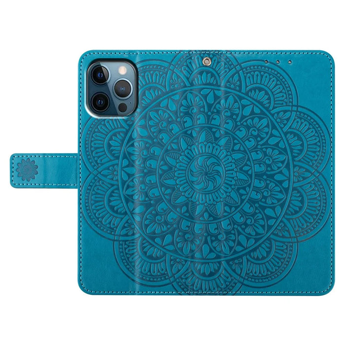 For iPhone 16 Pro Case PU Leather Stand Wallet Phone Cover Mandala Imprinted - Blue - 5