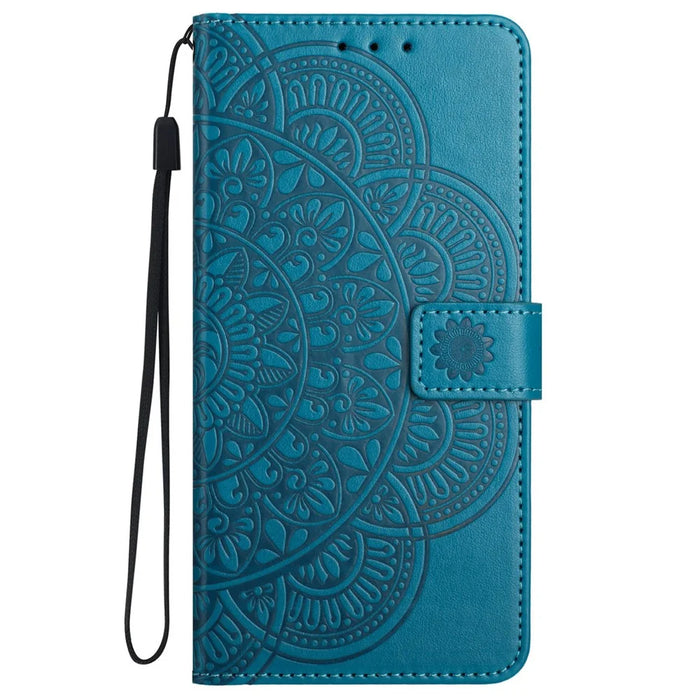 For iPhone 16 Pro Case PU Leather Stand Wallet Phone Cover Mandala Imprinted - Blue - 7