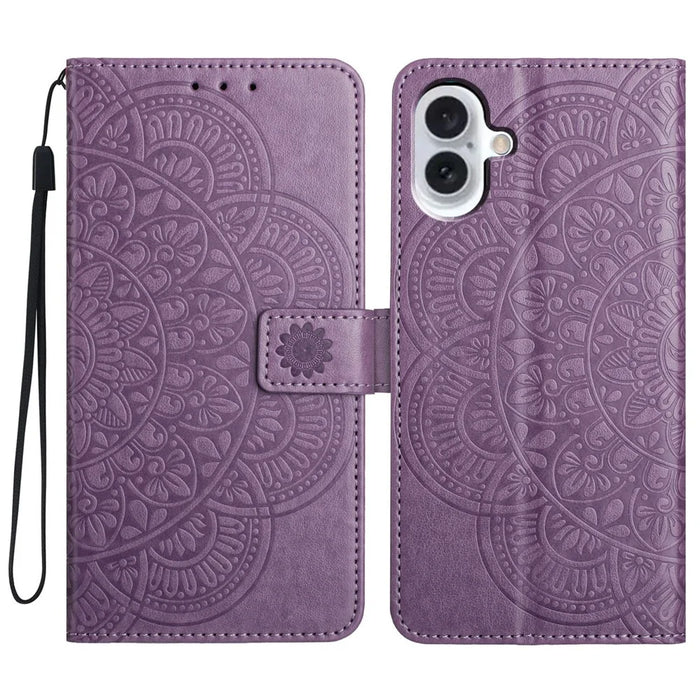 For iPhone 16 Plus Case Imprinted Mandala Pattern Stand Leather Phone Cover - Purple - 1