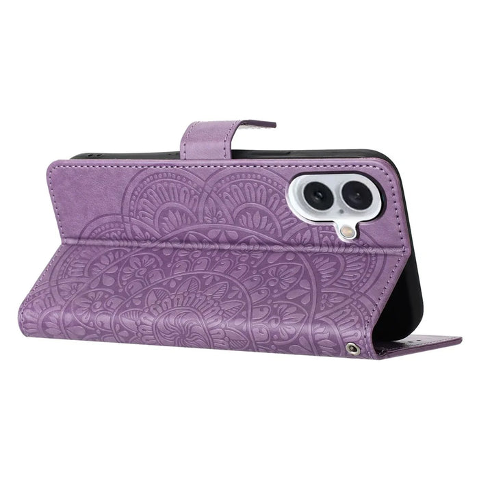 For iPhone 16 Plus Case Imprinted Mandala Pattern Stand Leather Phone Cover - Purple - 4
