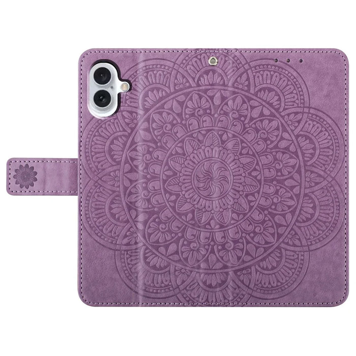 For iPhone 16 Plus Case Imprinted Mandala Pattern Stand Leather Phone Cover - Purple - 6