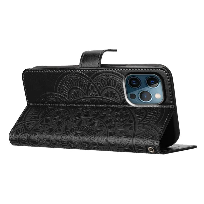 For iPhone 16 Pro Max Case Wallet PU Leather Mandala Pattern Phone Cover with Strap - Black - 4