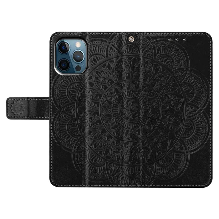 For iPhone 16 Pro Max Case Wallet PU Leather Mandala Pattern Phone Cover with Strap - Black - 5
