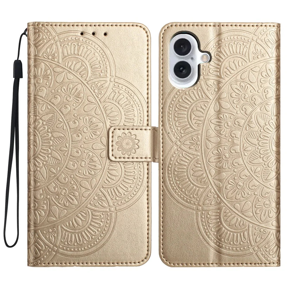 For iPhone 16 Case Mandala Flower PU Leather Flip Wallet Phone Cover - Gold - 1
