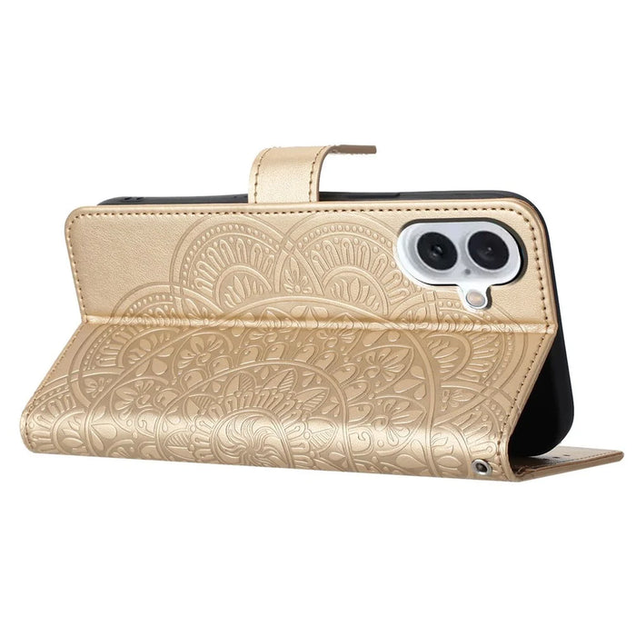 For iPhone 16 Case Mandala Flower PU Leather Flip Wallet Phone Cover - Gold - 4