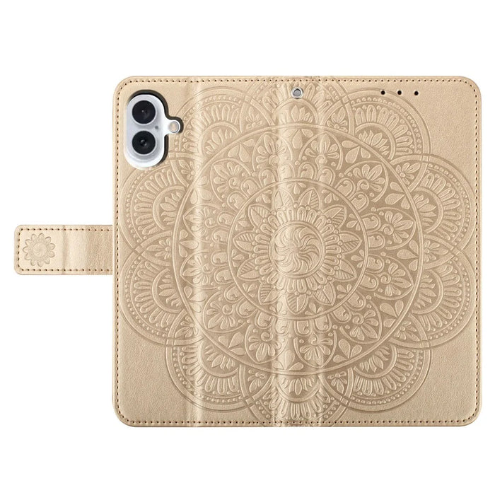 For iPhone 16 Case Mandala Flower PU Leather Flip Wallet Phone Cover - Gold - 6