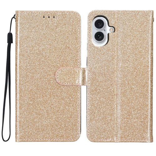 For iPhone 16 Plus Case PU Leather Wallet Folding Stand Glitter Phone Cover - Gold - 1