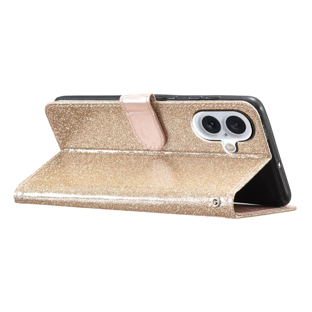 For iPhone 16 Plus Case PU Leather Wallet Folding Stand Glitter Phone Cover - Gold - 3